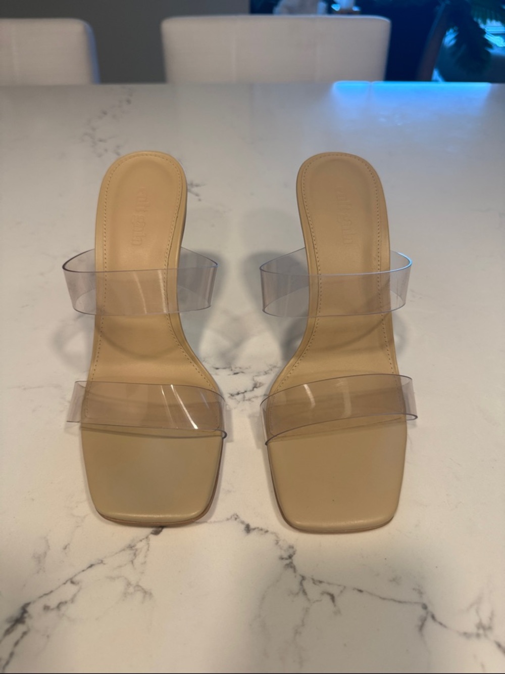 NWT cult gaia Valerie Sandal in Clear Two-Strap Mule Bamboo Gold Accent Heels - Picture 3 of 9